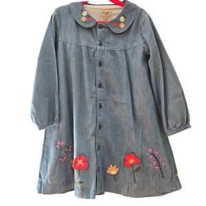 Frugi Organic Cotton Denim Floral Embroidered Dress Blue Kids 4-5 Years 110cm